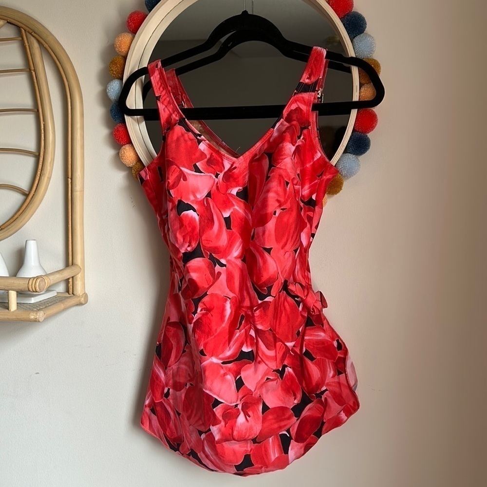 Vintage Red Floral One-Piece Swimsuit